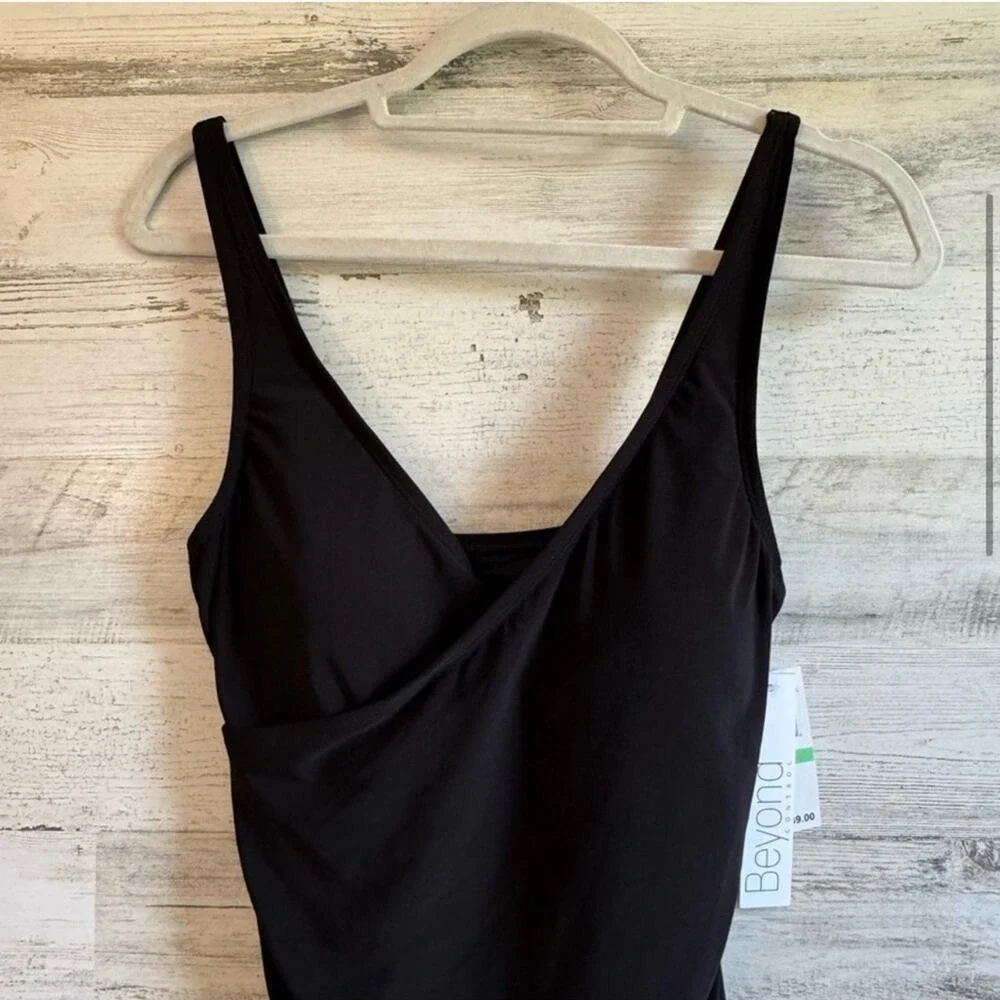 NWOT Beyond Control Black Surplice Ruched Swim Dress Tankini Top